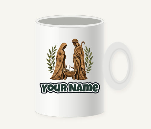 Carved Wooden Nativity Scene Personalised Christmas Mug