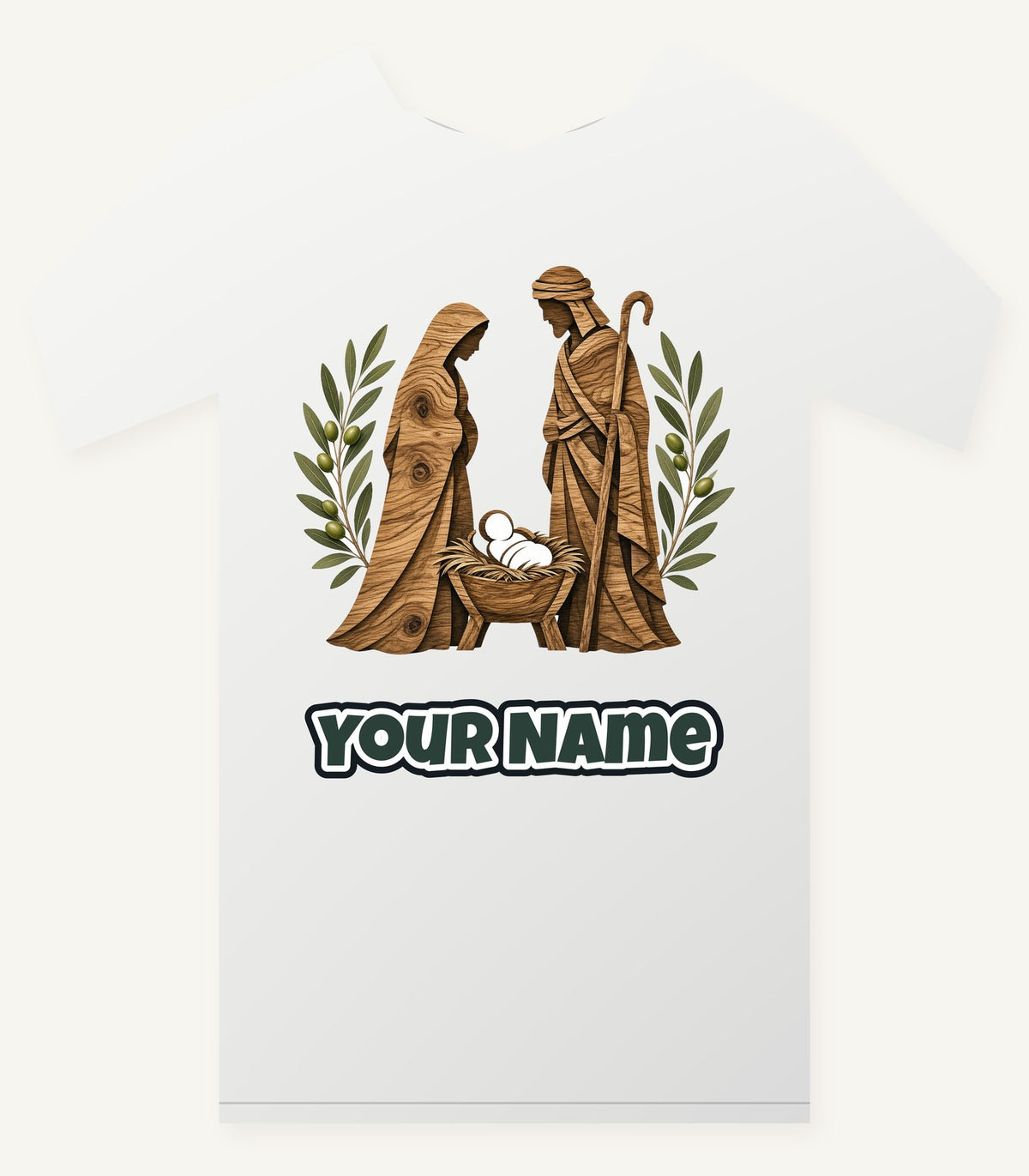 Carved Wooden Nativity Scene Personalised Christmas T-Shirt and Hoodie