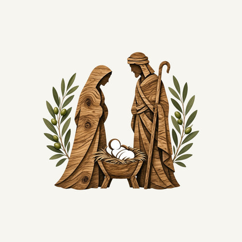 Carved Wooden Nativity Scene Personalised Christmas T-Shirt and Hoodie