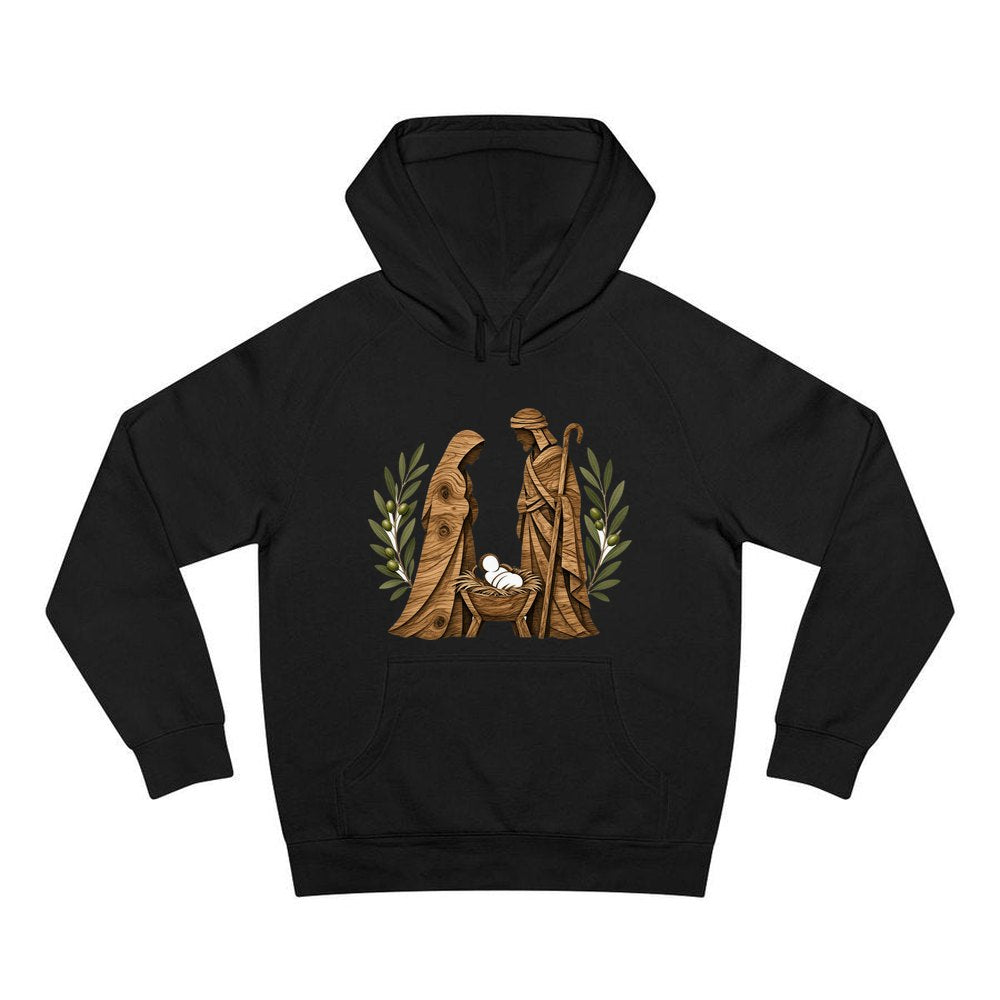 Carved Wooden Nativity Scene personalised Christmas hoodie in black