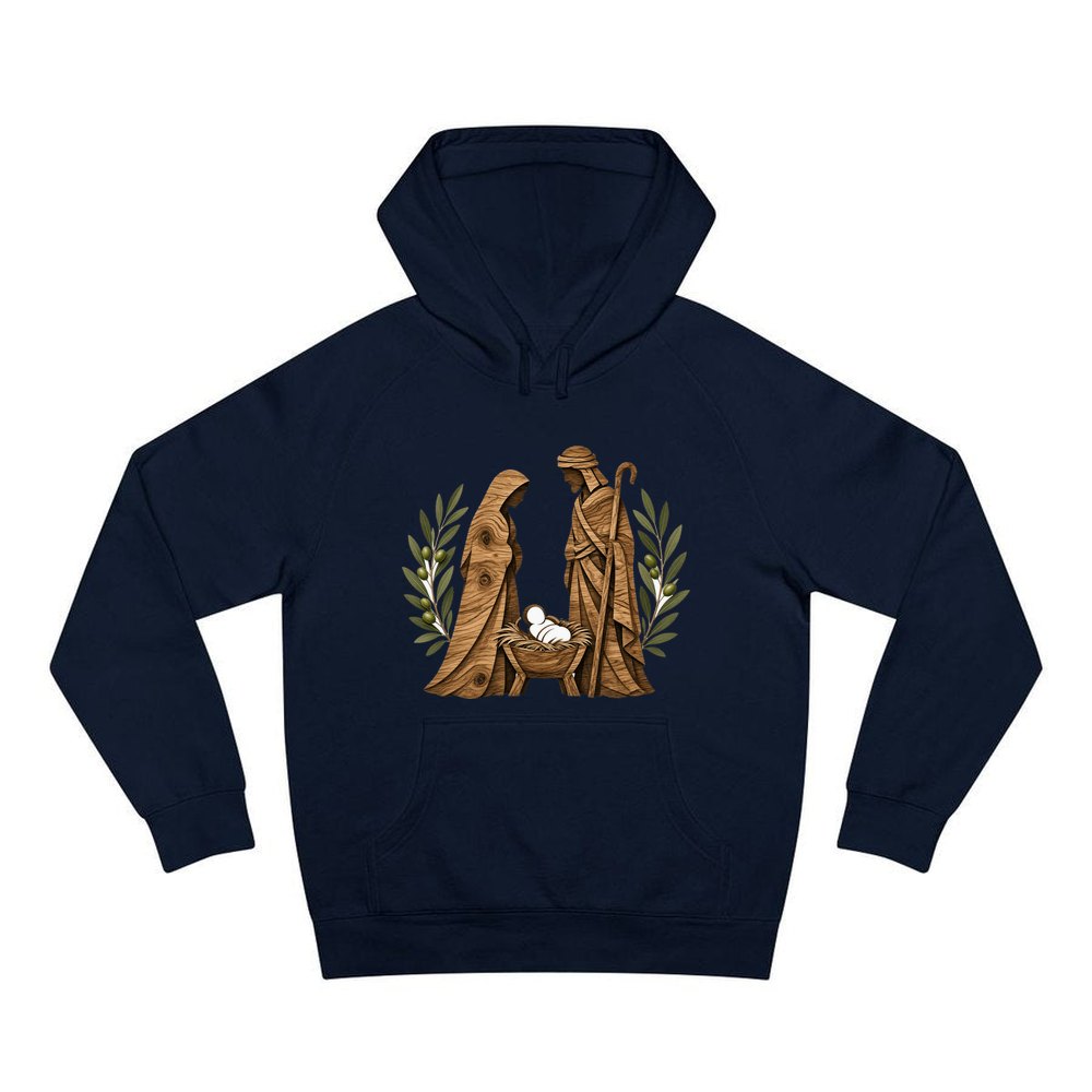 Carved Wooden Nativity Scene personalised Christmas hoodie in navy