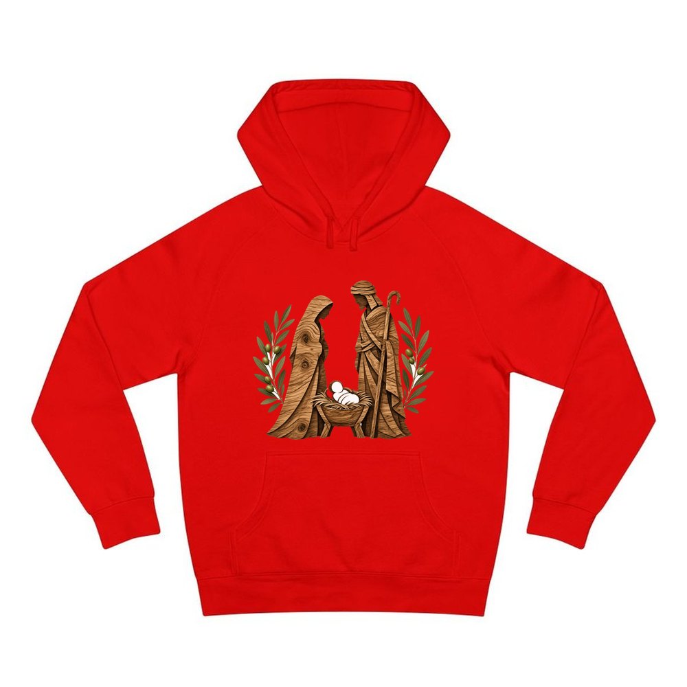 Carved Wooden Nativity Scene personalised Christmas hoodie in red