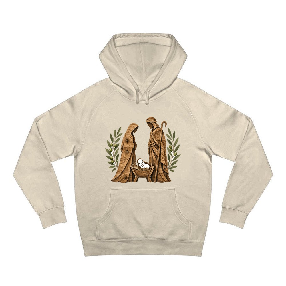 Carved Wooden Nativity Scene personalised Christmas hoodie in sand