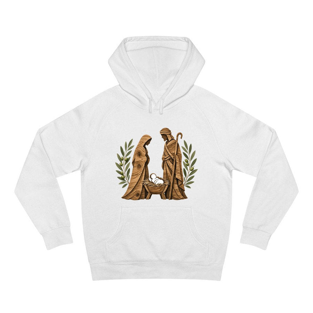 Carved Wooden Nativity Scene personalised Christmas hoodie in white