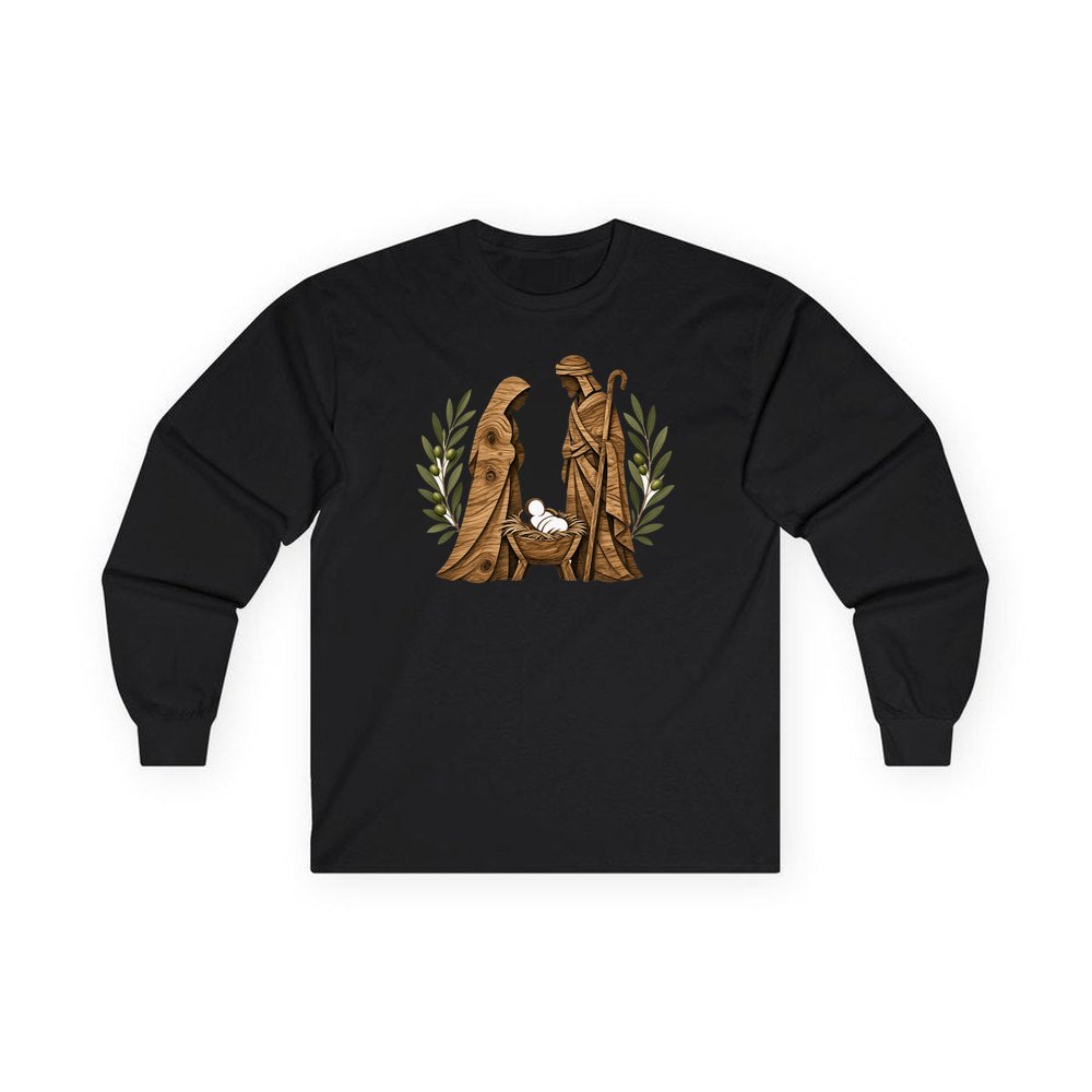 Carved Wooden Nativity Scene personalised long sleeve Christmas T-shirt in black
