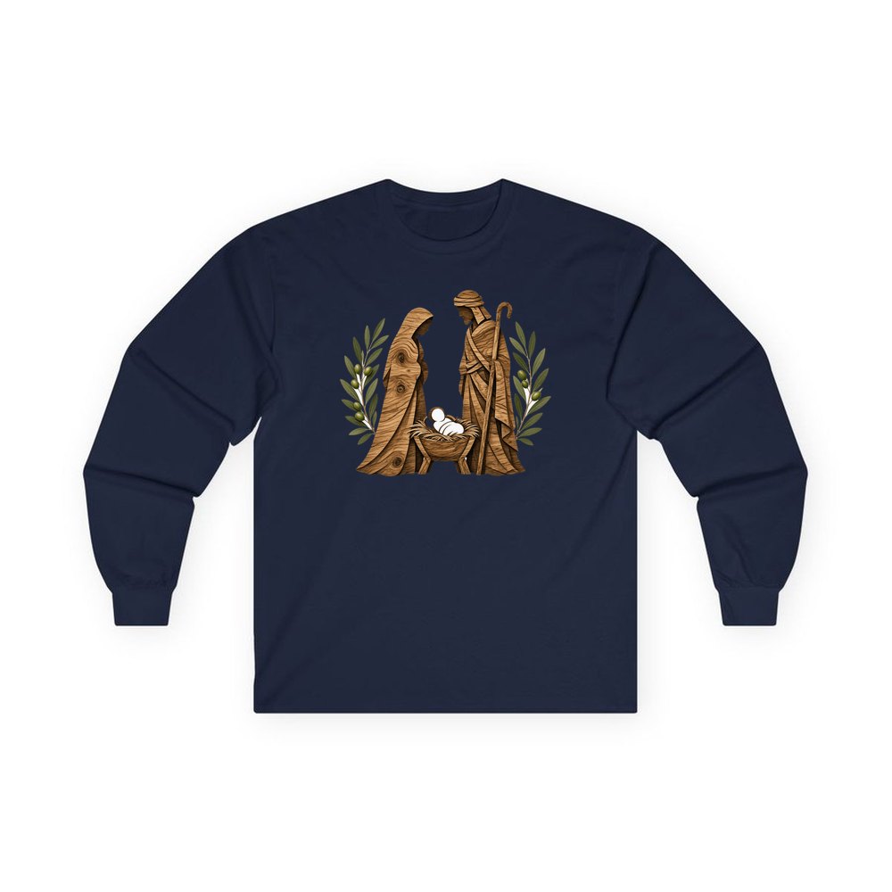 Carved Wooden Nativity Scene personalised long sleeve Christmas T-shirt in navy