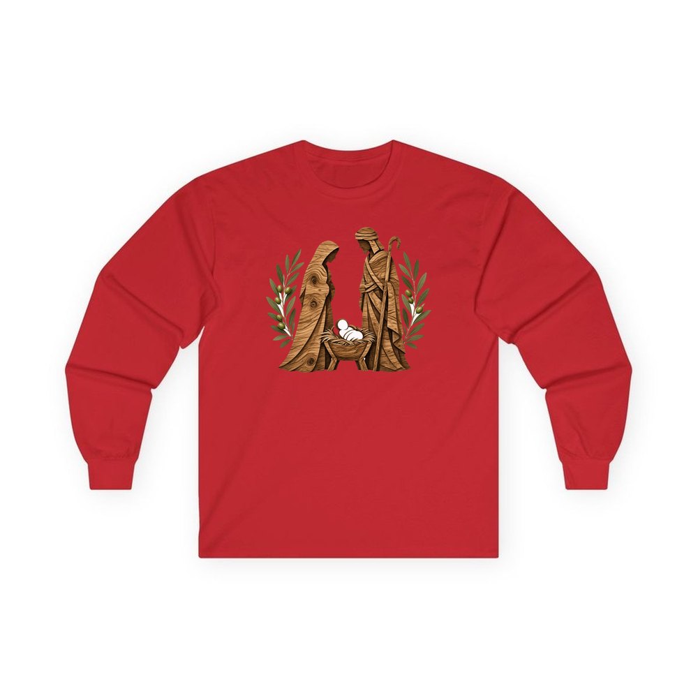 Carved Wooden Nativity Scene personalised long sleeve Christmas T-shirt in red