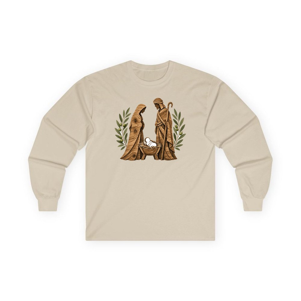 Carved Wooden Nativity Scene personalised long sleeve Christmas T-shirt in sand