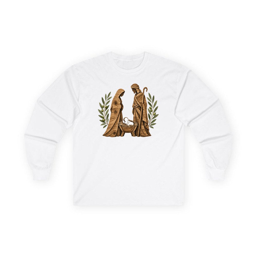 Carved Wooden Nativity Scene personalised long sleeve Christmas T-shirt in white