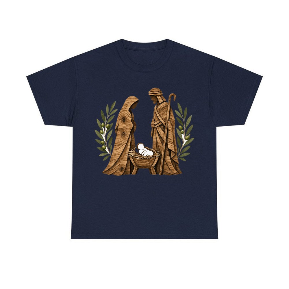 Carved Wooden Nativity Scene personalised Christmas T-shirt in navy