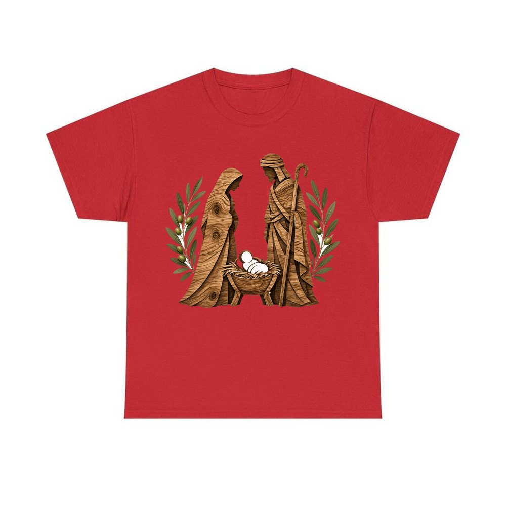 Carved Wooden Nativity Scene personalised Christmas T-shirt in red