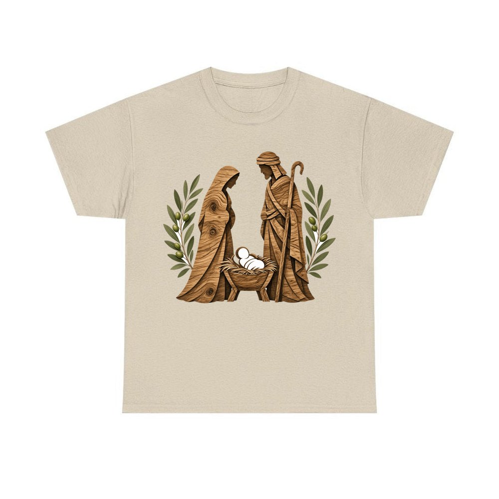 Carved Wooden Nativity Scene personalised Christmas T-shirt in sand