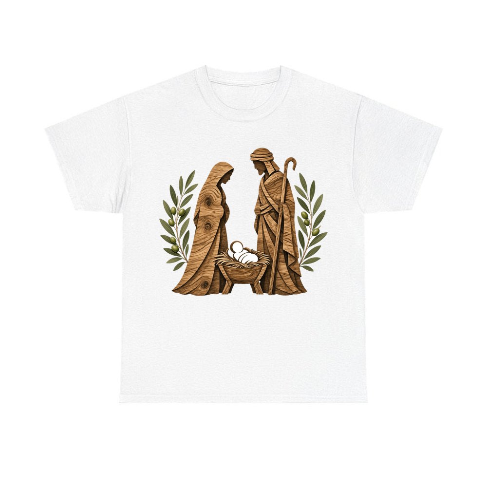 Carved Wooden Nativity Scene personalised Christmas T-shirt in white