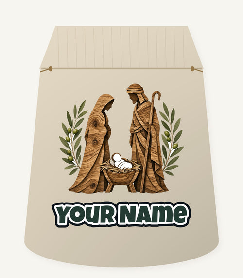 Carved Wooden Nativity Scene Personalised Santa Sack
