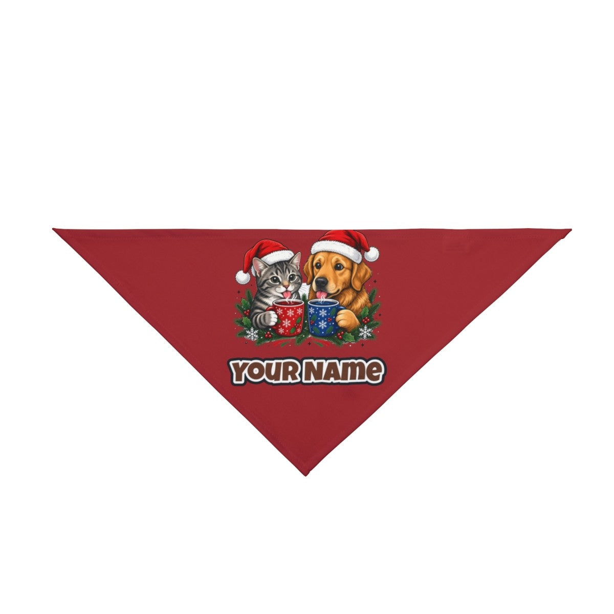 Cat And Dog With Mugs personalised Christmas pet bandana in red, tie-on style