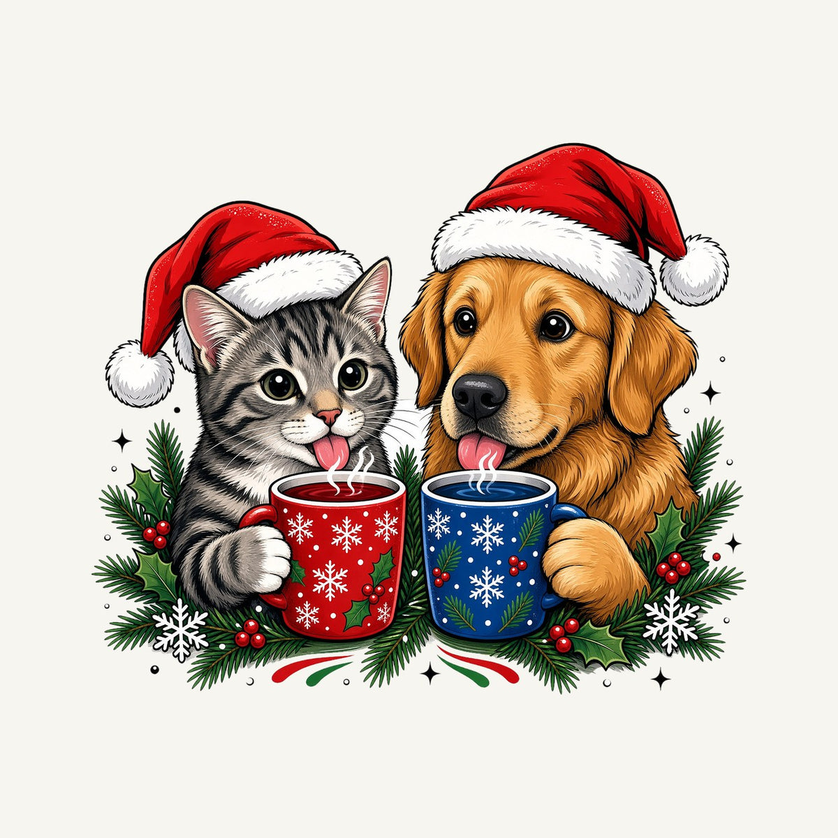 Cat And Dog With Mugs Christmas artwork, the design printed on the personalised dog bandana