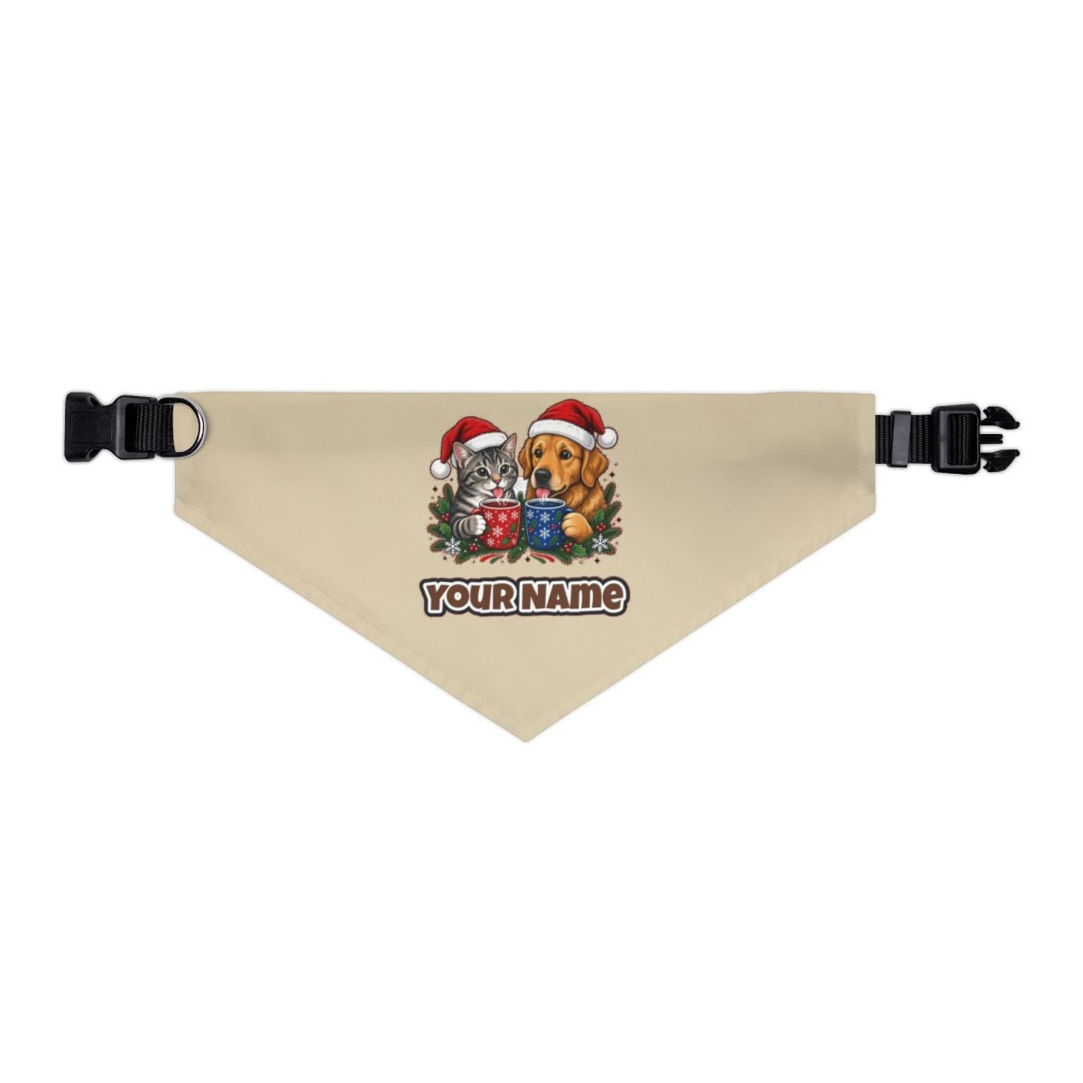 Cat And Dog With Mugs personalised Christmas pet bandana in beige, collar with buckle