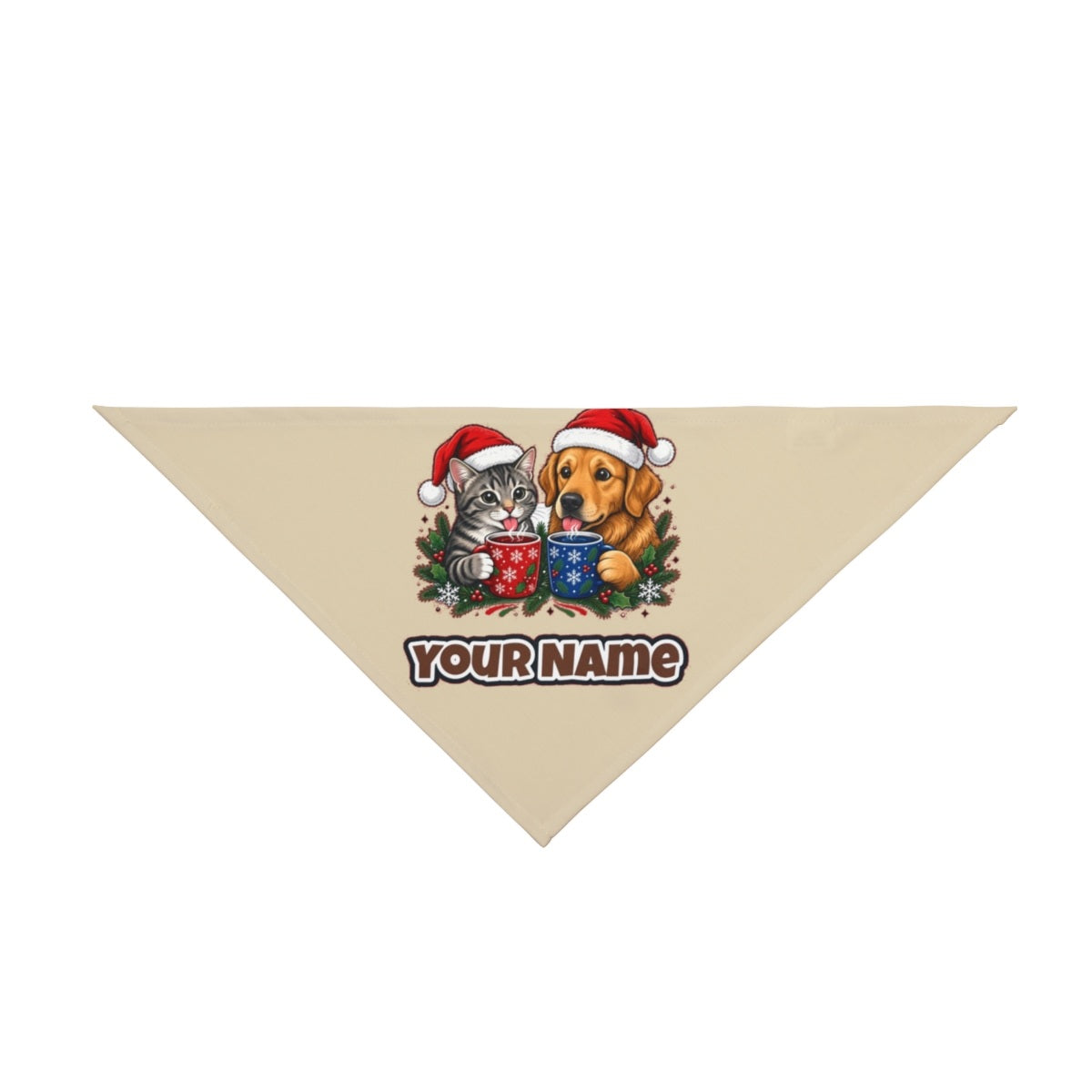 Cat And Dog With Mugs personalised Christmas pet bandana in beige, tie-on style