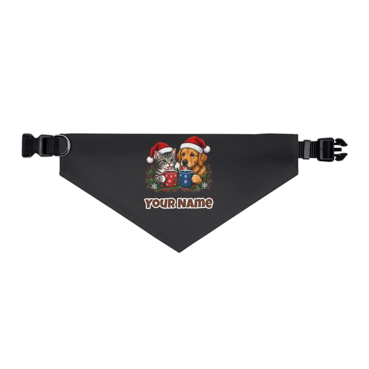 Cat And Dog With Mugs personalised Christmas pet bandana in black, collar with buckle