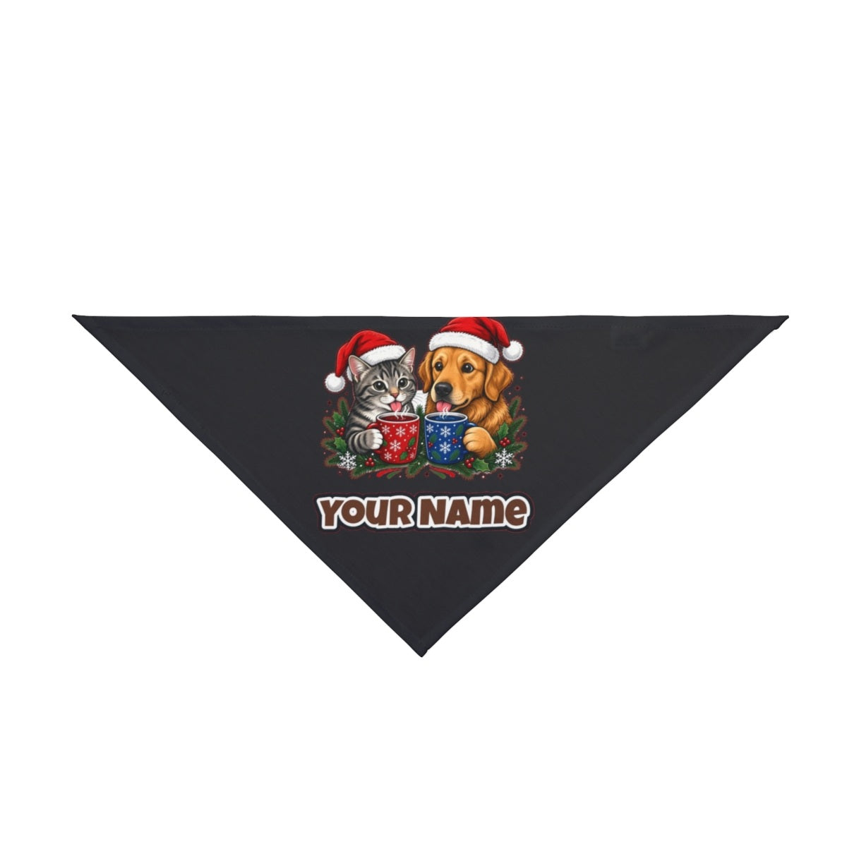 Cat And Dog With Mugs personalised Christmas pet bandana in black, tie-on style