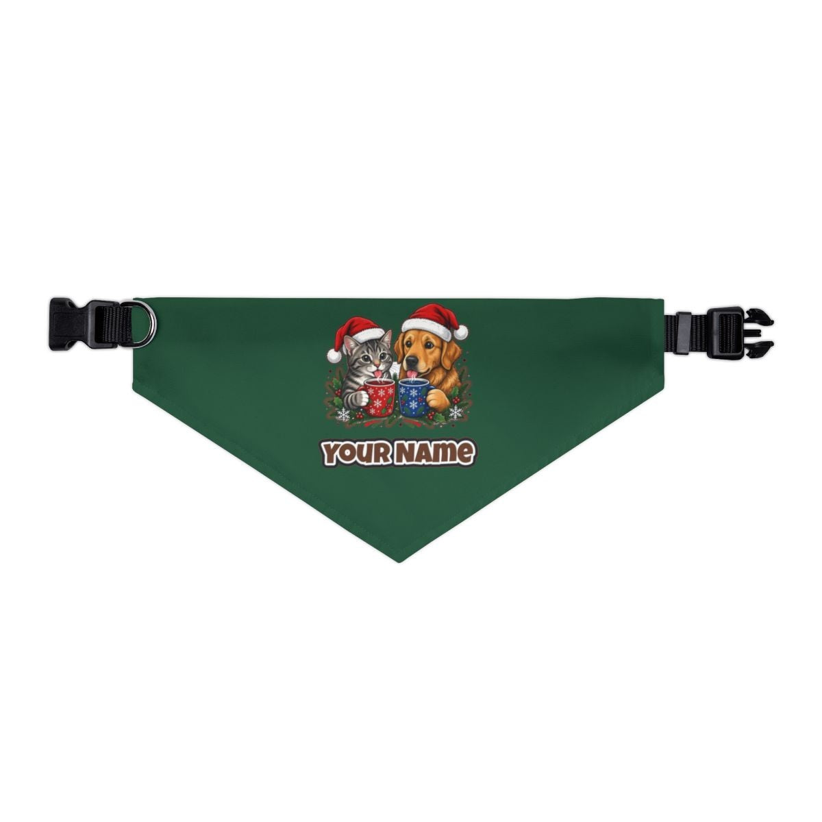 Cat And Dog With Mugs personalised Christmas pet bandana in green, collar with buckle