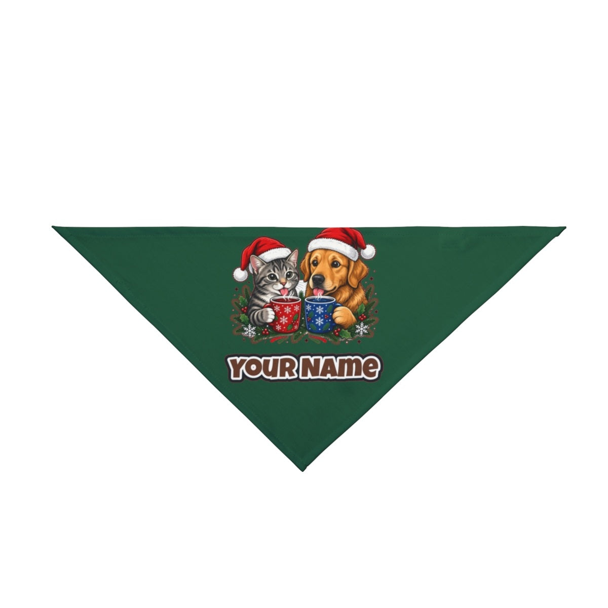 Cat And Dog With Mugs personalised Christmas pet bandana in green, tie-on style