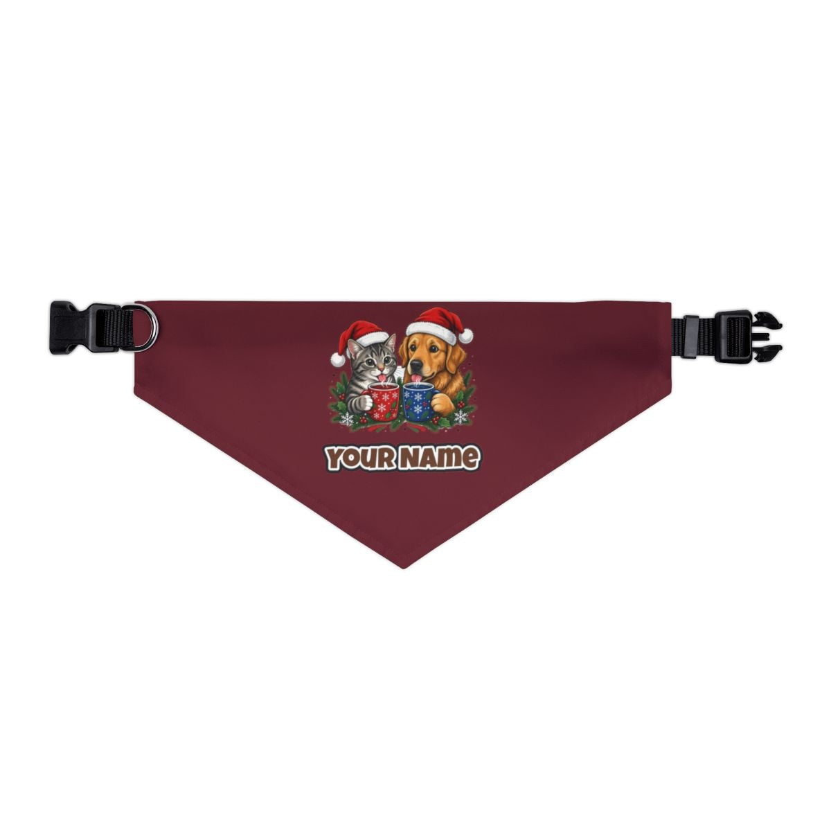 Cat And Dog With Mugs personalised Christmas pet bandana in maroon, collar with buckle