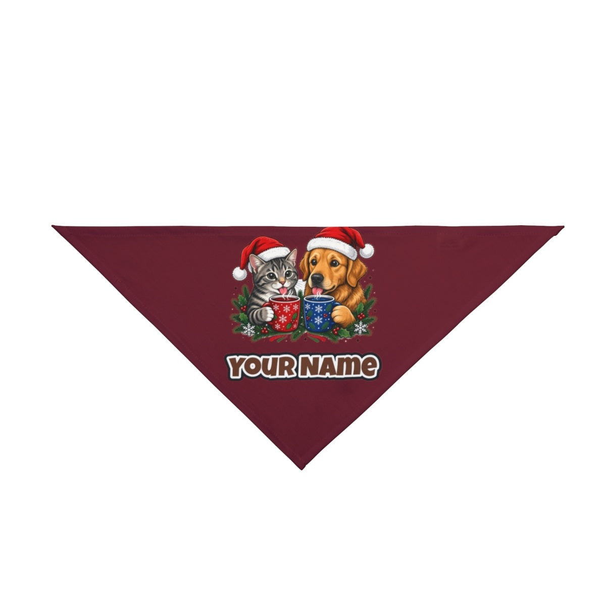 Cat And Dog With Mugs personalised Christmas pet bandana in maroon, tie-on style