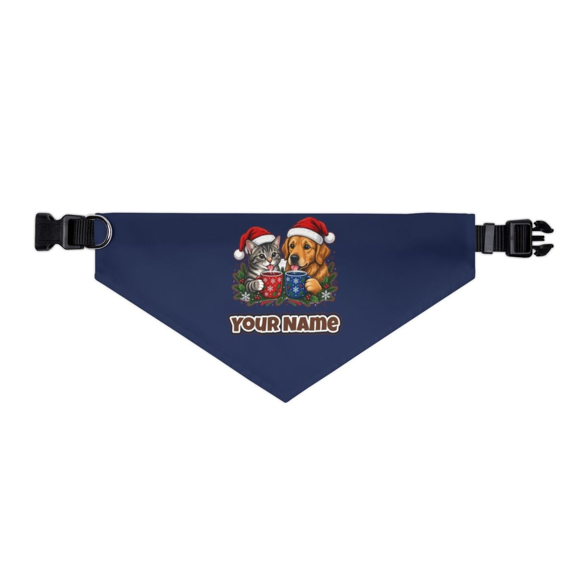 Cat And Dog With Mugs personalised Christmas pet bandana in navy, collar with buckle