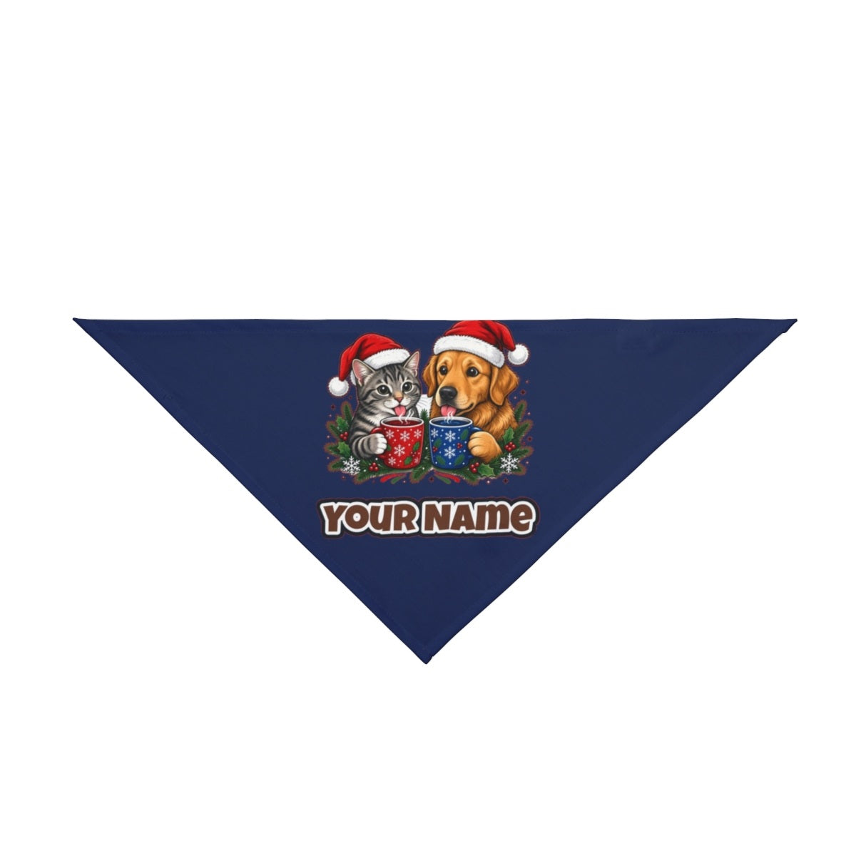 Cat And Dog With Mugs personalised Christmas pet bandana in navy, tie-on style
