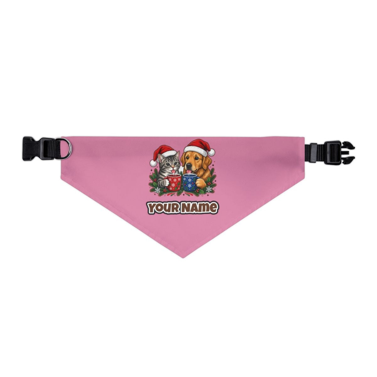 Cat And Dog With Mugs personalised Christmas pet bandana in pink, collar with buckle