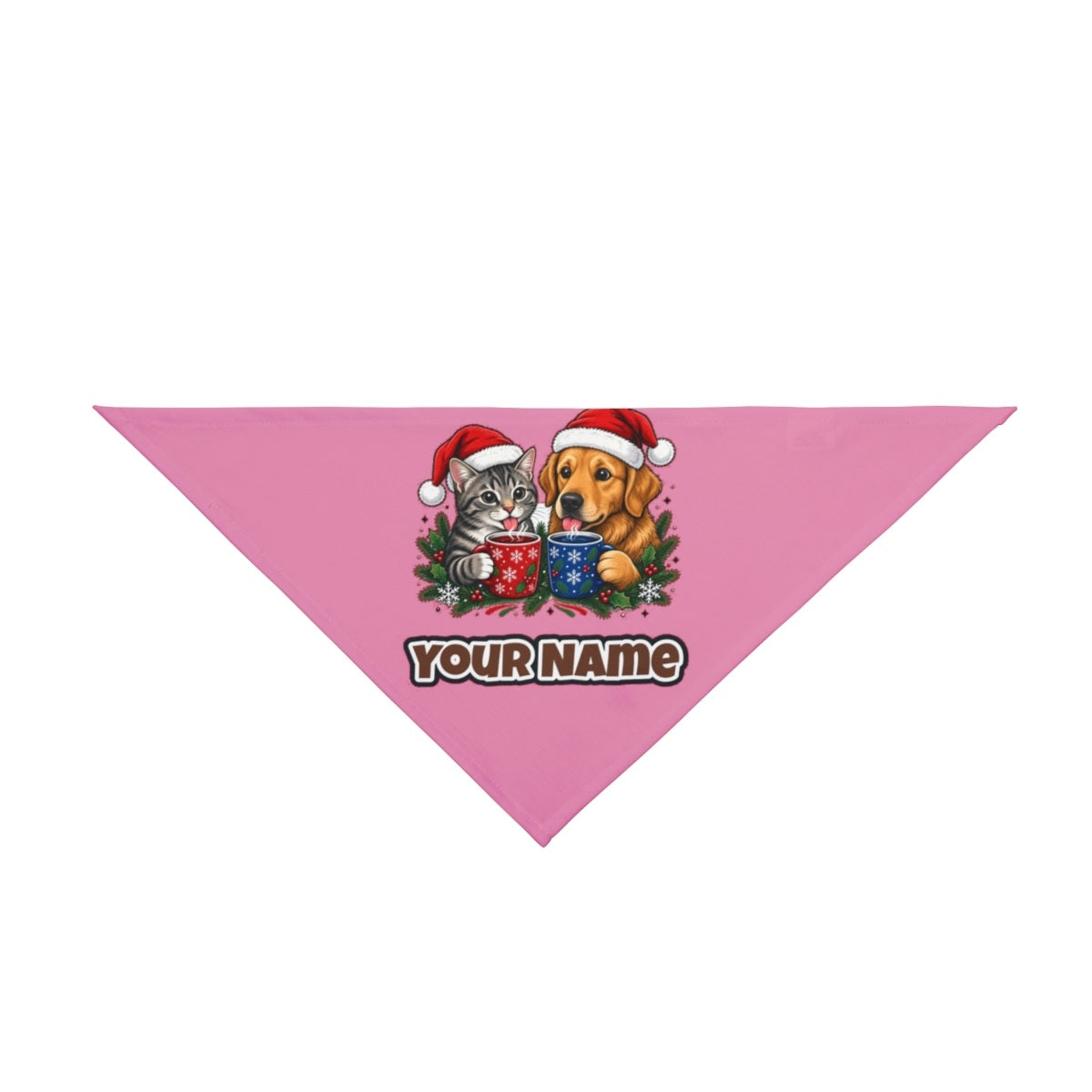 Cat And Dog With Mugs personalised Christmas pet bandana in pink, tie-on style