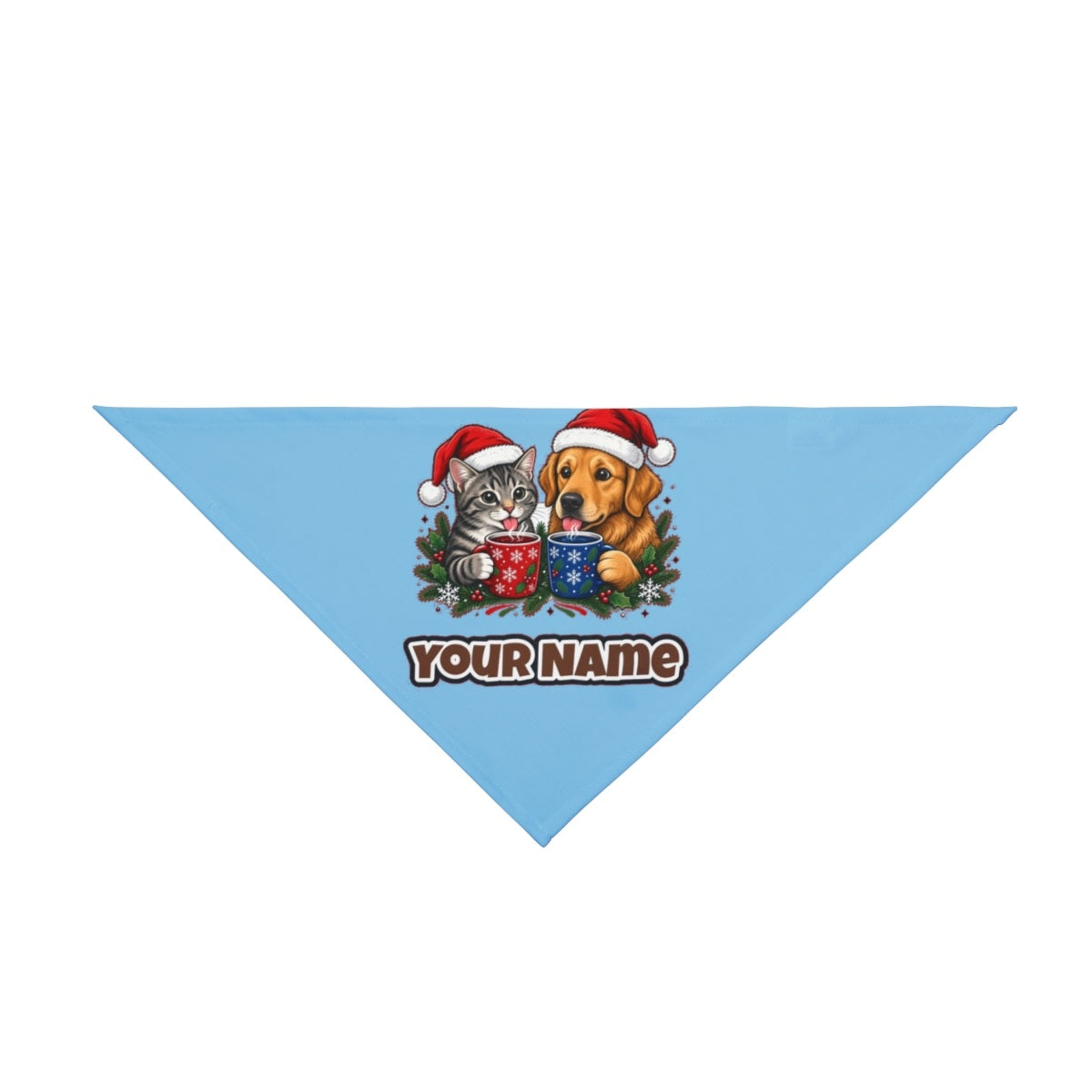 Cat And Dog With Mugs personalised Christmas pet bandana in sky blue, tie-on style