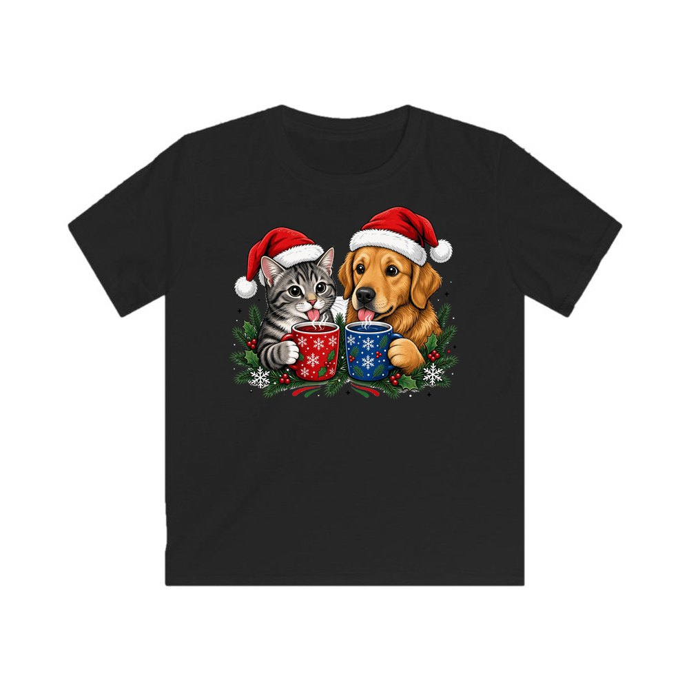 Cat And Dog With Mugs personalised kids Christmas tee in black