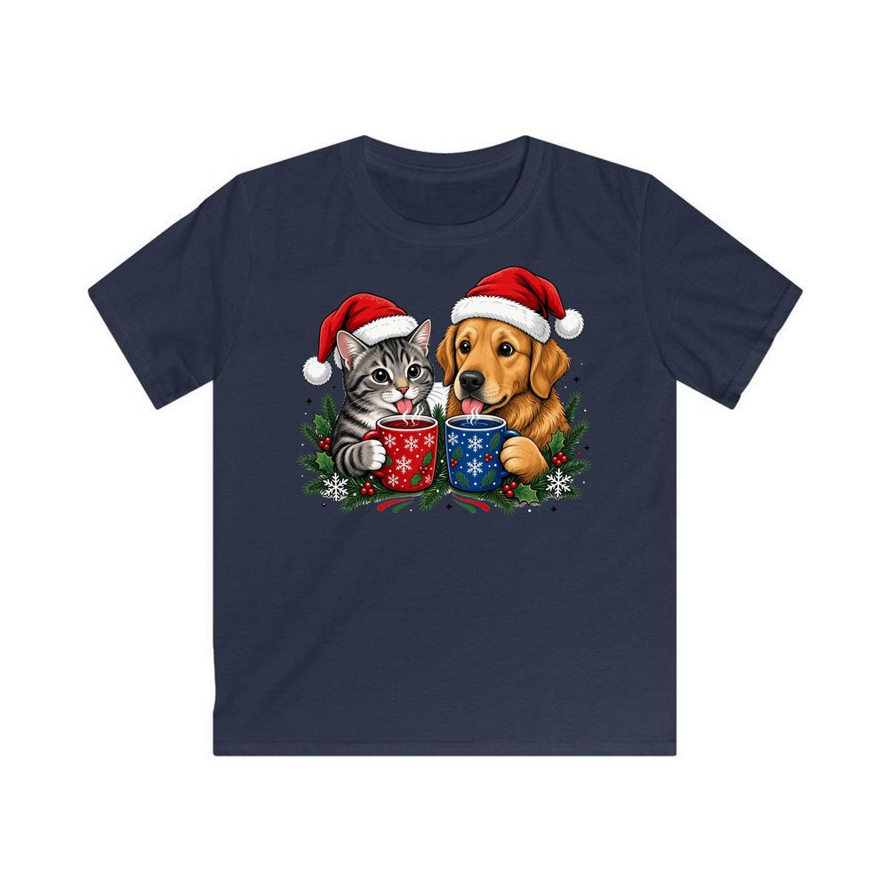 Cat And Dog With Mugs personalised kids Christmas tee in navy