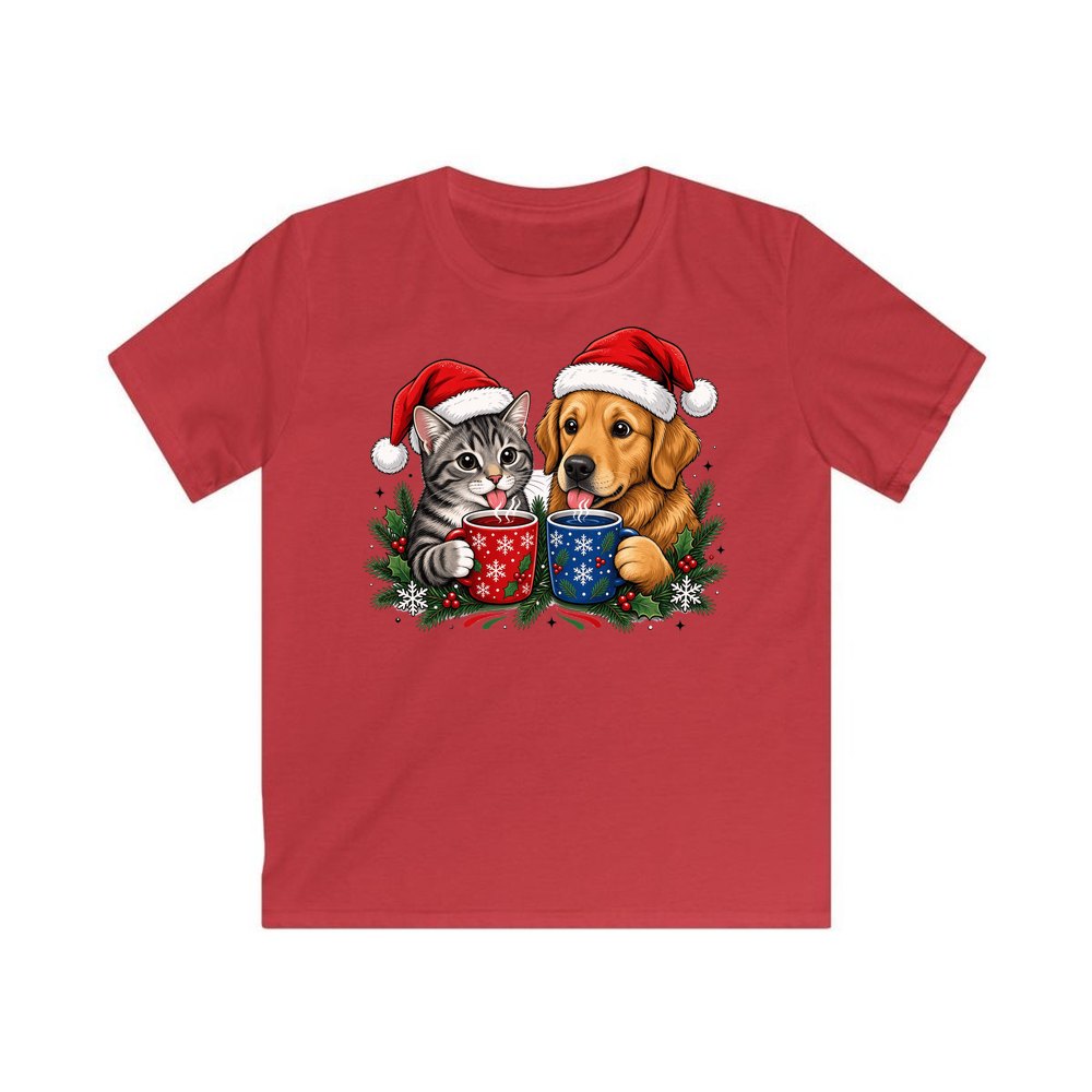 Cat And Dog With Mugs personalised kids Christmas tee in red
