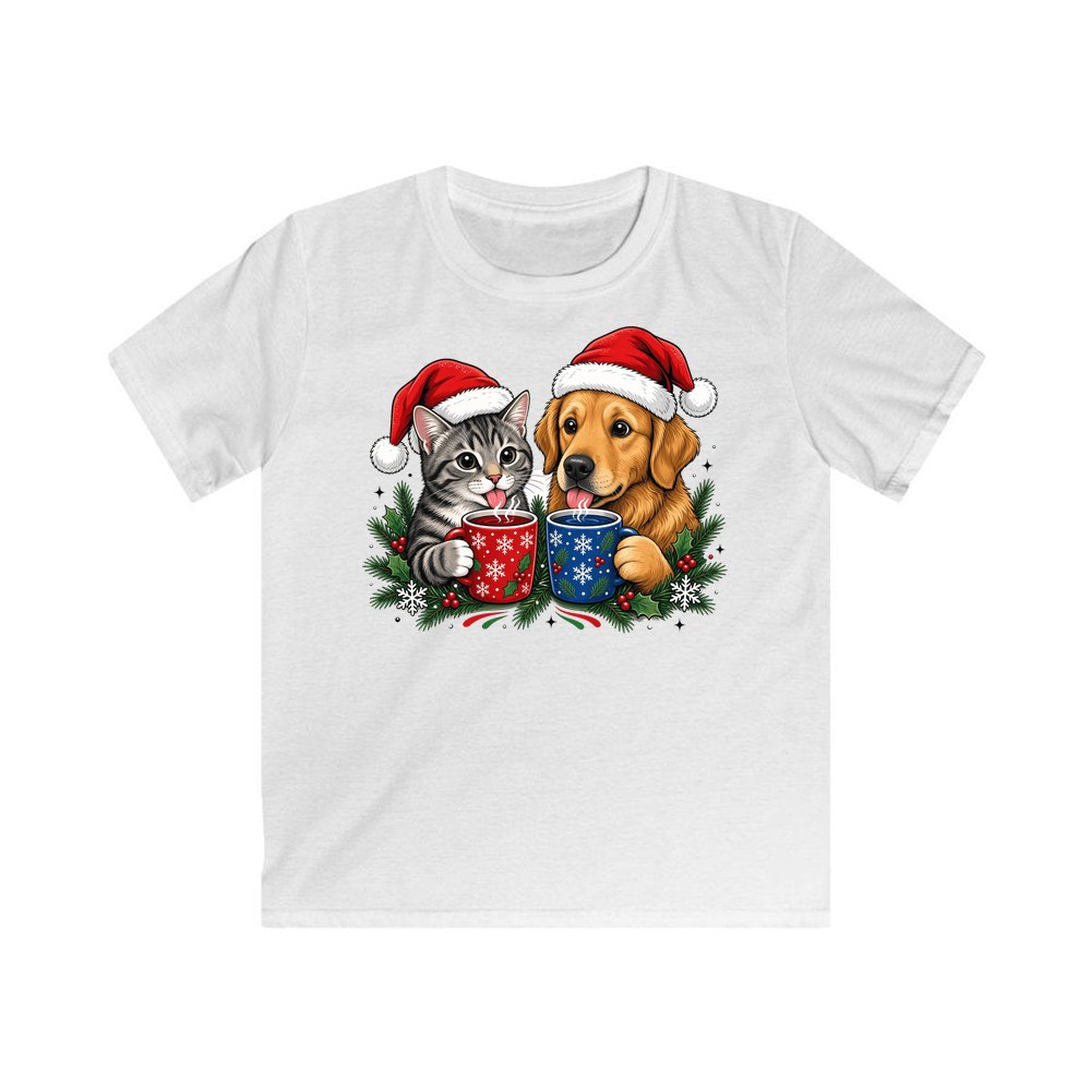 Cat And Dog With Mugs personalised kids Christmas tee in white