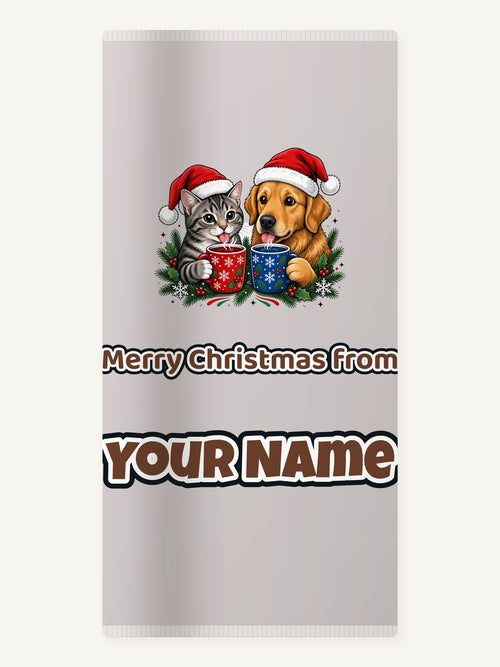 Cat And Dog With Mugs Personalised Beach Towel