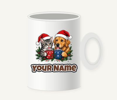 Cat And Dog With Mugs Personalised Christmas Mug