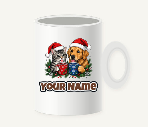 Cat And Dog With Mugs Personalised Christmas Mug