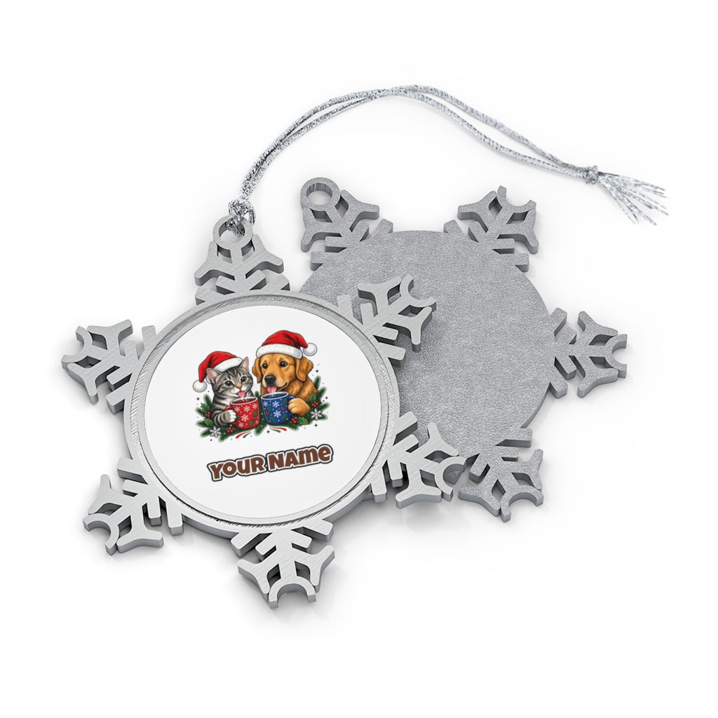 Cat And Dog With Mugs Personalised Pewter Christmas Ornament