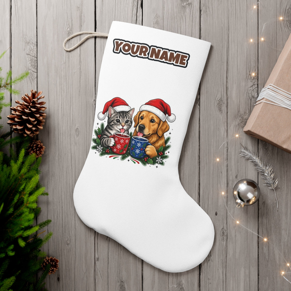 Cat And Dog With Mugs personalised Christmas stocking, white, with the name across the top