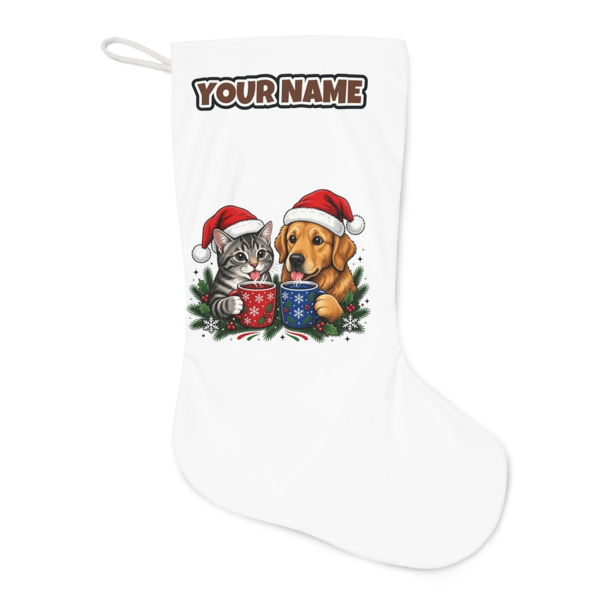 Cat And Dog With Mugs Christmas stocking laid flat, showing the full print