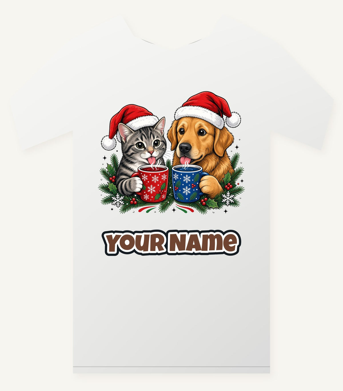 Cat And Dog With Mugs Personalised Christmas T-Shirt and Hoodie