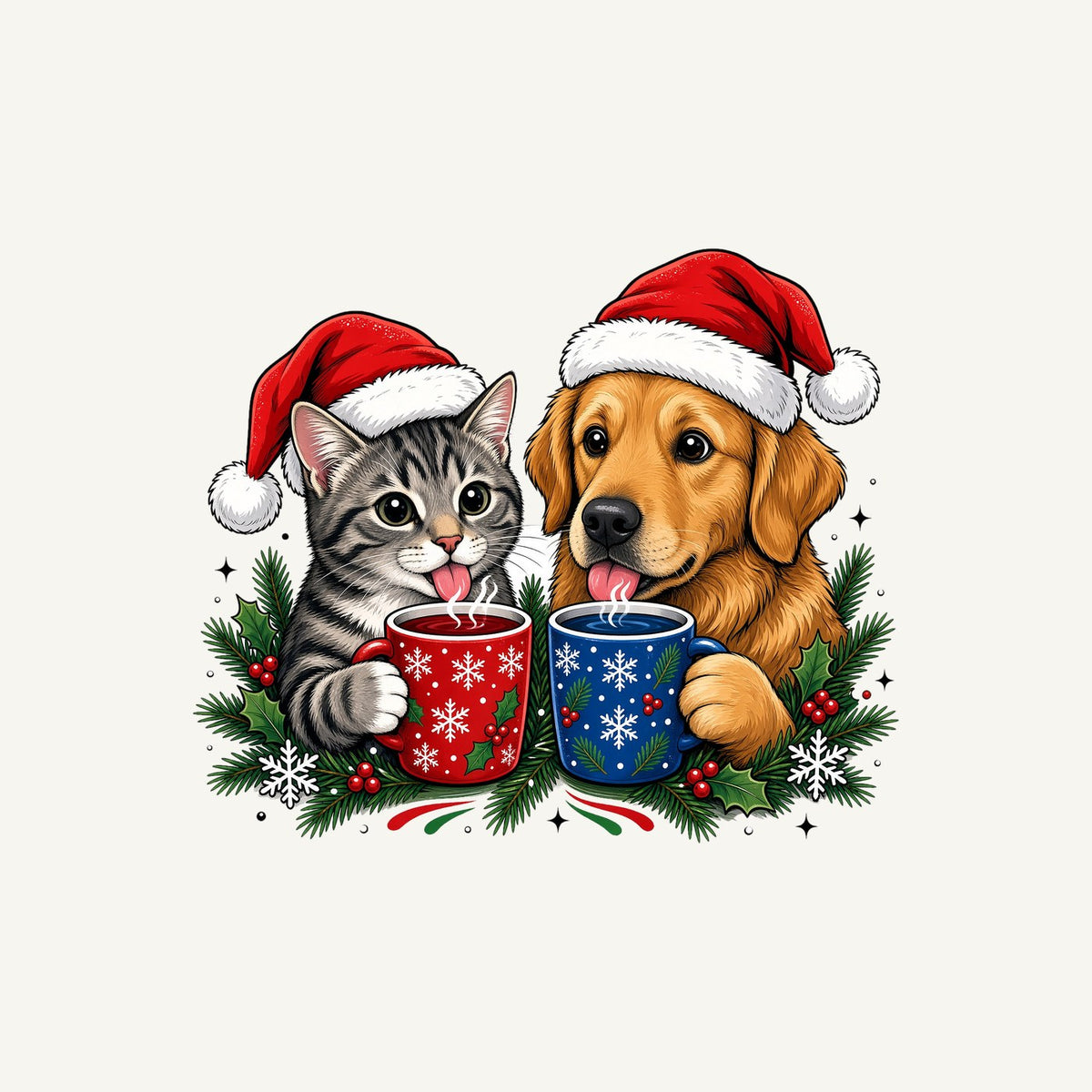 Cat And Dog With Mugs Personalised Christmas T-Shirt and Hoodie