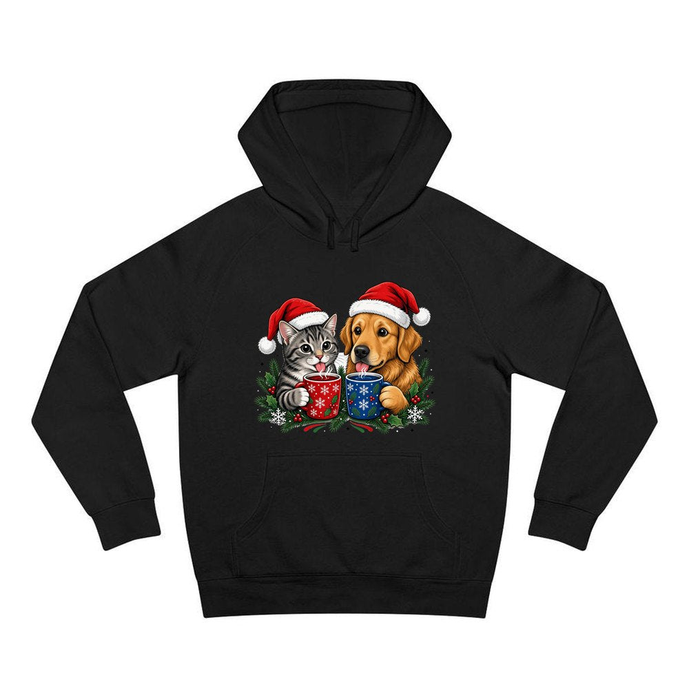 Cat And Dog With Mugs personalised Christmas hoodie in black