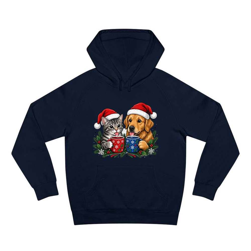 Cat And Dog With Mugs personalised Christmas hoodie in navy