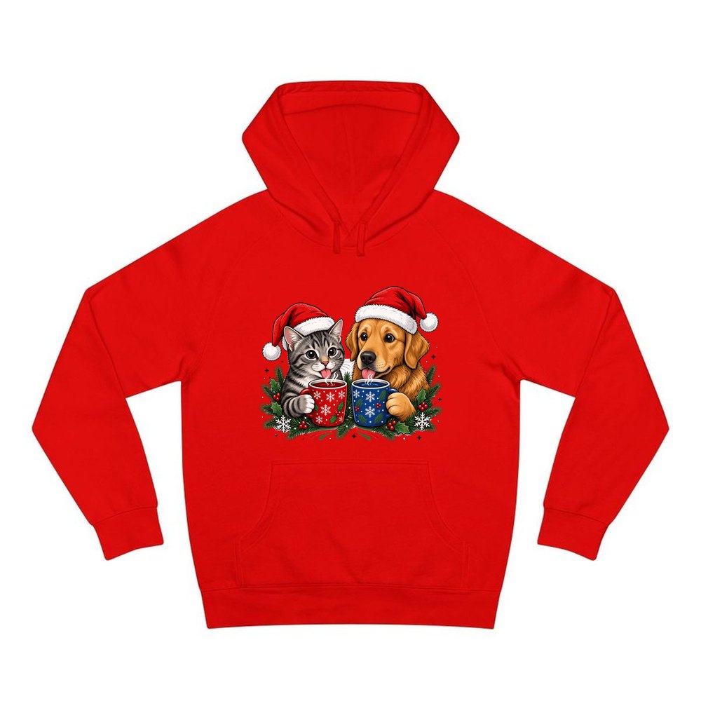 Cat And Dog With Mugs personalised Christmas hoodie in red