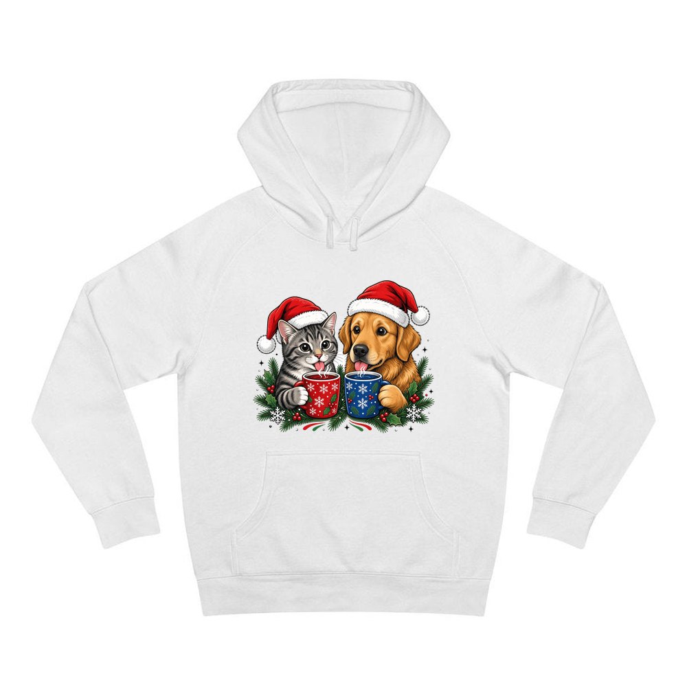 Cat And Dog With Mugs personalised Christmas hoodie in white