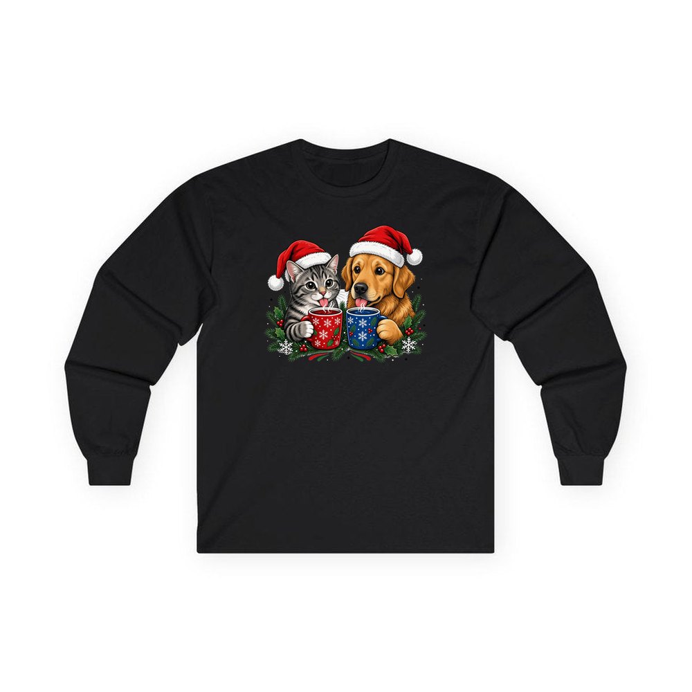 Cat And Dog With Mugs personalised long sleeve Christmas T-shirt in black